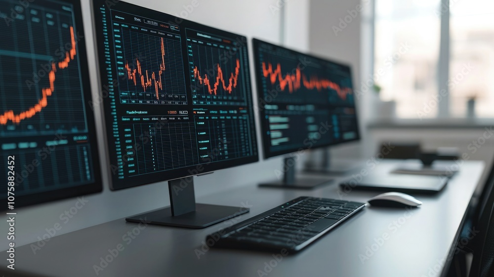 A modern trading setup featuring multiple monitors displaying financial charts, trends, and data analysis in an office environment. A modern trading setup featuring multiple monitors displaying financial charts, trends, and data analysis in an office environment.