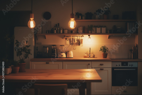 Interior design of homie kitchen with plenty of food ingredient on wooden shelf, Kitchen with counter bar and dining table. photo