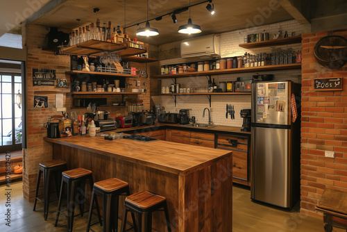 Interior design of homie kitchen with plenty of food ingredient on wooden shelf, Kitchen with counter bar and dining table. photo