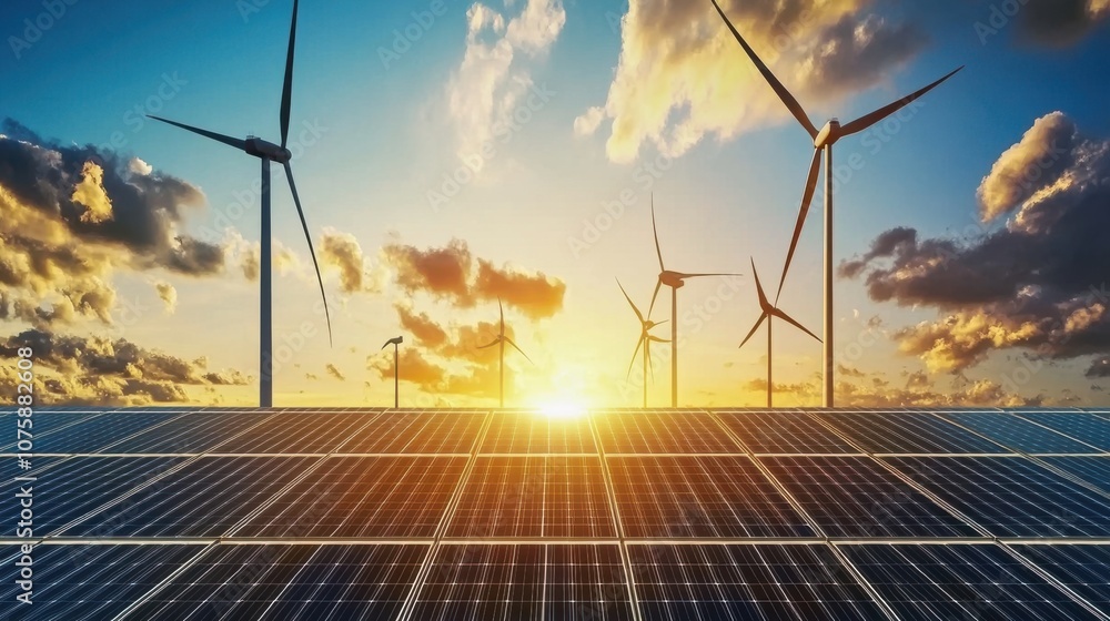 A stunning sunset over a renewable energy farm, with rows A stunning sunset over a renewable energy farm, with rows