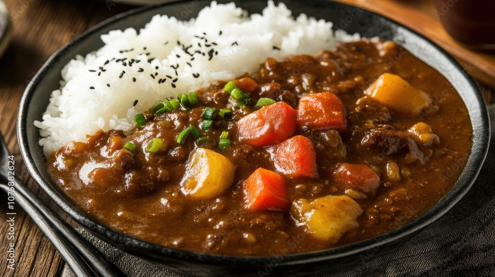 Classic Japanese curry rice, comforting dish with rich, thick curry Classic Japanese curry rice, comforting dish with rich, thick curry