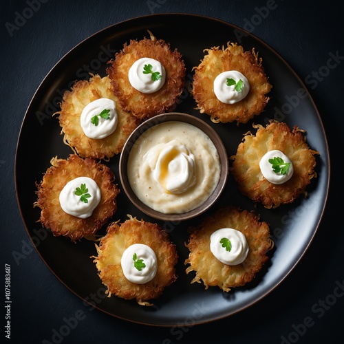 Crispy potato latkes with sour cream and herb garnish arranged in a round pattern on black plate photo