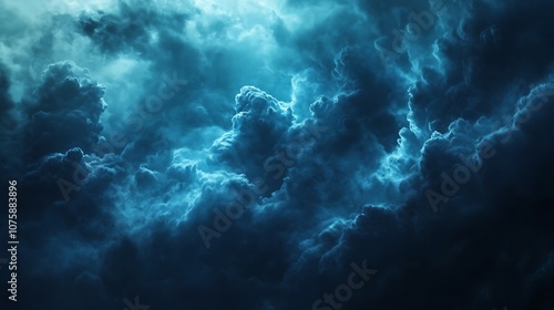 A dramatic view of dark, swirling clouds illuminated by a soft light, creating a moody atmosphere.