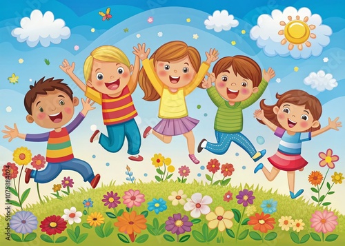 Joyful Cartoon Children Jumping Together in a Bright, Colorful Landscape Embracing Friendship and Fun, Designed with the Rule of Thirds for Visual Appeal