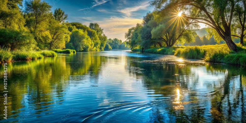 Golden Sunlight Illuminates the Serene Waters of a Tranquil River, Reflected in the Lush Canopy of Surrounding Trees Golden Sunlight Illuminates the Serene Waters of a Tranquil River, Reflected in the Lush Canopy of Surrounding Trees