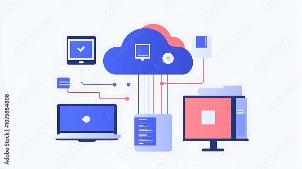 A graphic representation of cloud computing with devices connected to a central cloud. A graphic representation of cloud computing with devices connected to a central cloud.