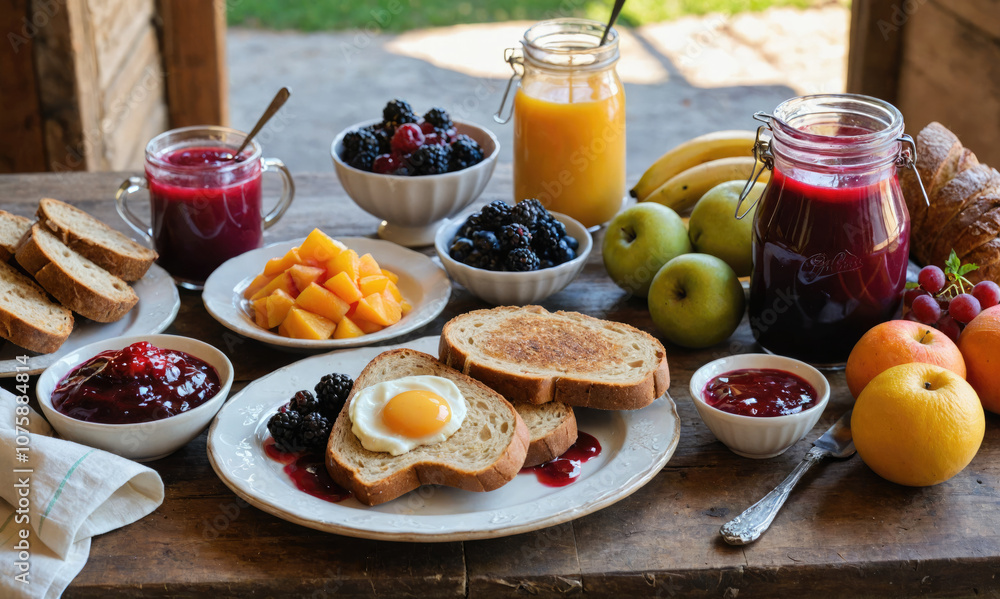 A table with a variety of breakfast foods including toast, fruit, and eggs A table with a variety of breakfast foods including toast, fruit, and eggs