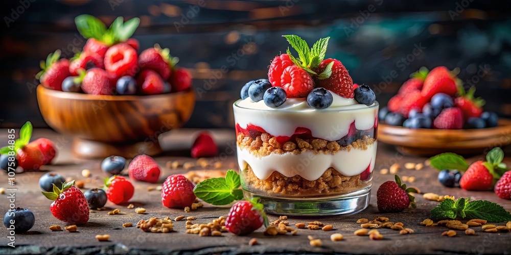 A layered dessert with creamy yogurt, crunchy granola, and a medley of fresh berries, arranged on a rustic wooden surface. A layered dessert with creamy yogurt, crunchy granola, and a medley of fresh berries, arranged on a rustic wooden surface.