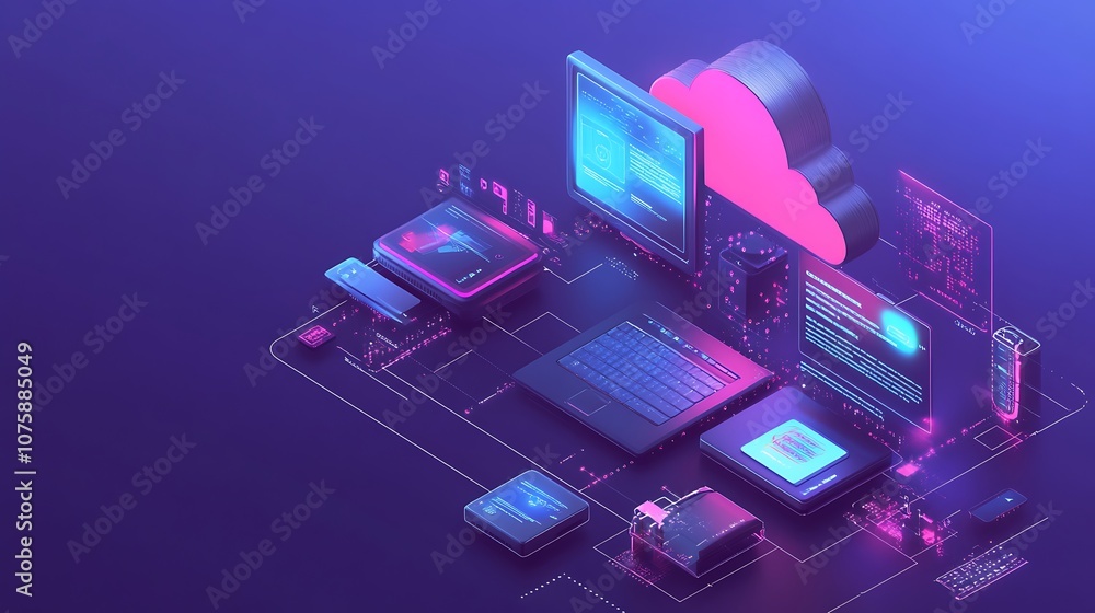 A digital illustration of cloud computing with various devices connected. A digital illustration of cloud computing with various devices connected.