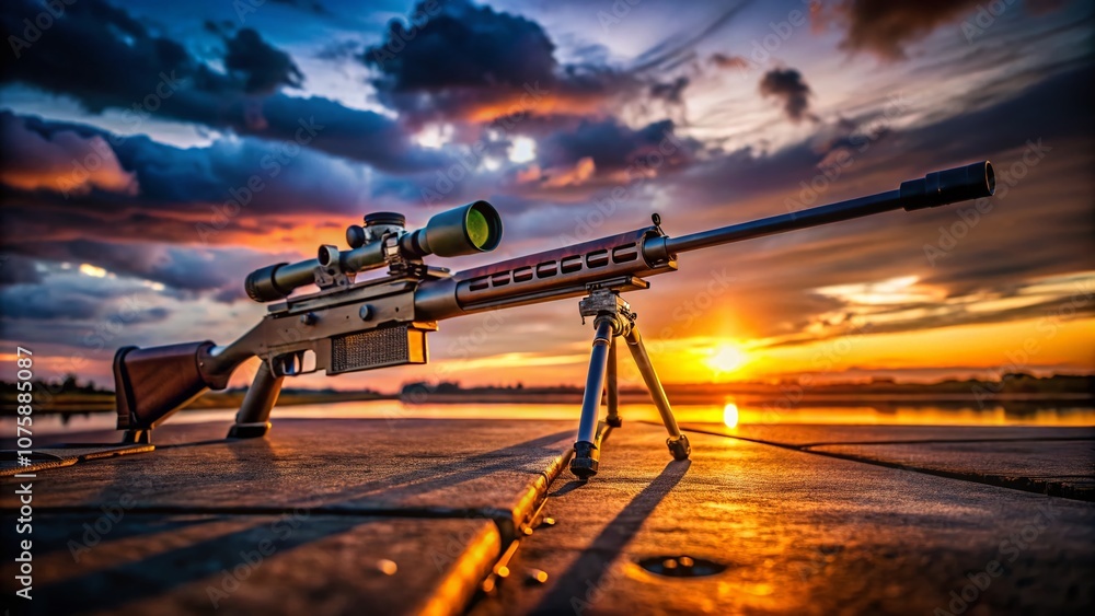 Fototapeta premium Low Light Photography of a Precision Long-Range Rifle on a Darkened Shooting Range with Subtle Lighting Accentuating Its Features and Design Elements