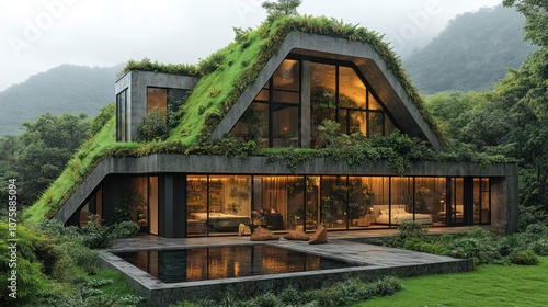 Modern green roof house with a pool and large windows overlooking a lush green valley.