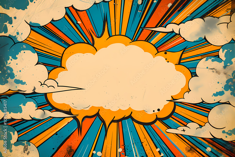 A vibrant comic-style burst featuring a central blank speech bubble, surrounded by blue clouds and rays of vivid orange and yellow. A vibrant comic-style burst featuring a central blank speech bubble, surrounded by blue clouds and rays of vivid orange and yellow.