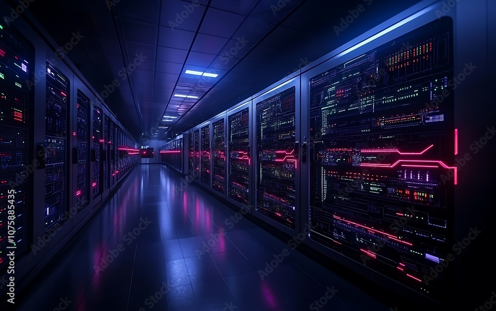 A dark corridor filled with illuminated server racks, showcasing vibrant blue and purple lights, conveying a high-tech atmosphere. A dark corridor filled with illuminated server racks, showcasing vibrant blue and purple lights, conveying a high-tech atmosphere.