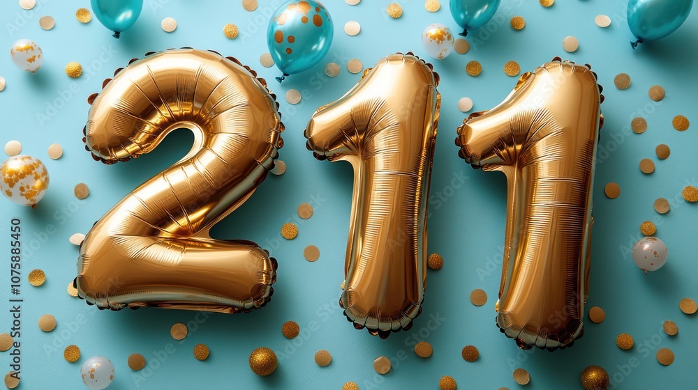 Gold foil balloons spelling out the number 211 on a blue background with confetti. Gold foil balloons spelling out the number 211 on a blue background with confetti.