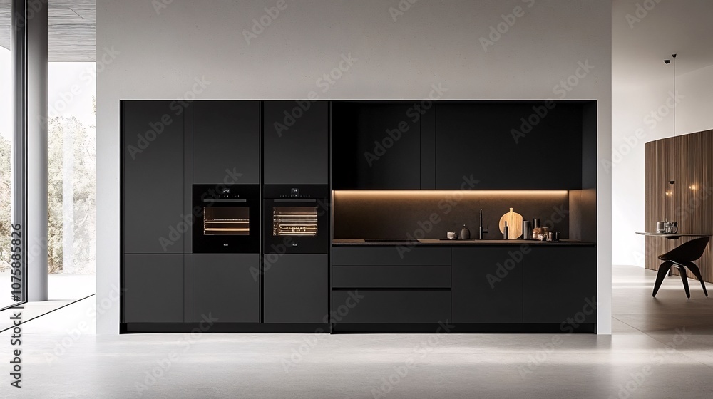 Fototapeta premium 107.A spacious and contemporary kitchen in Slotenslaan, with a large black cabinet housing integrated ovens and a clean, minimalist design. The neutral-toned walls and subtle lighting enhance the