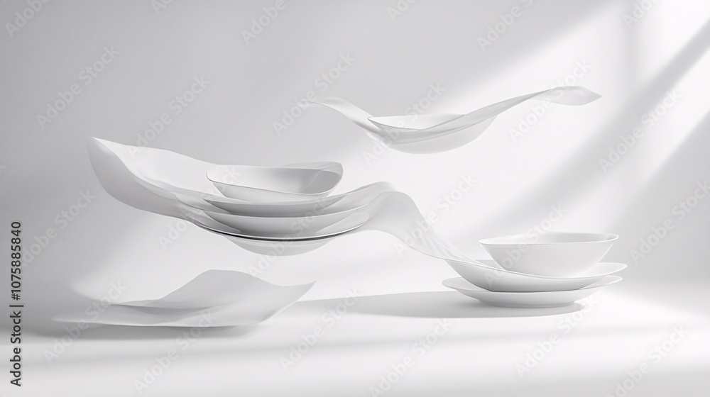 50.A surreal arrangement of clean white dishes and a napkin floating on a pale background. The dishes, including plates and bowls, appear to hover weightlessly, with soft light casting gentle 50.A surreal arrangement of clean white dishes and a napkin floating on a pale background. The dishes, including plates and bowls, appear to hover weightlessly, with soft light casting gentle