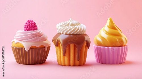 7.A 3D vector set of delectable desserts featuring a crunchy cookie, a caramelized canelÃ©, a buttery madeleine, and a colorful cupcake topped with frosting. The desserts are arranged in a playful,