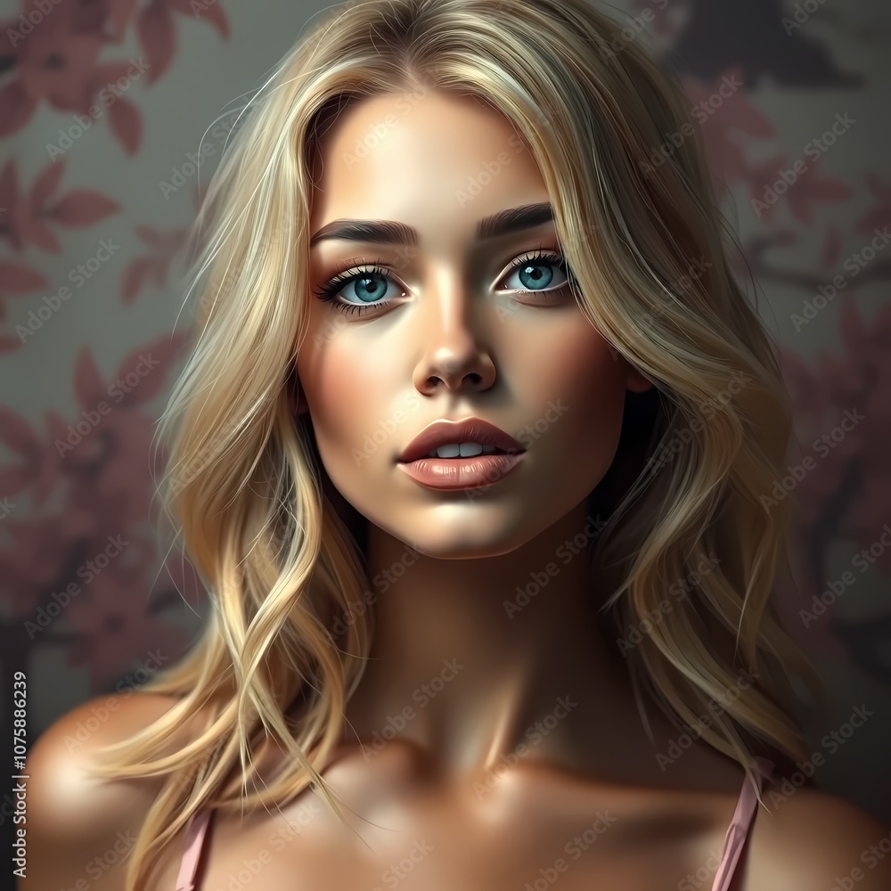 Fototapeta premium A young, woman with long, wavy blonde hair and blue eyes. She has a serious, contemplative expression on her face and appears to be in her mid-20s