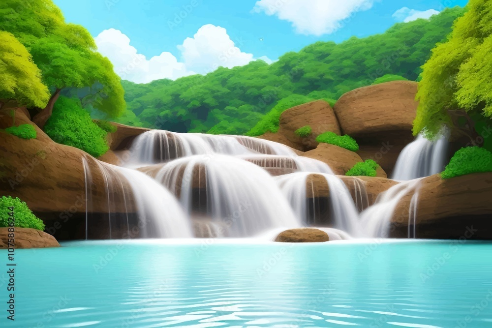 Naklejka premium Beautiful and Peaceful Nature Scenery Illustration Landscape Countryside Tranquil Vibrant and Colorful