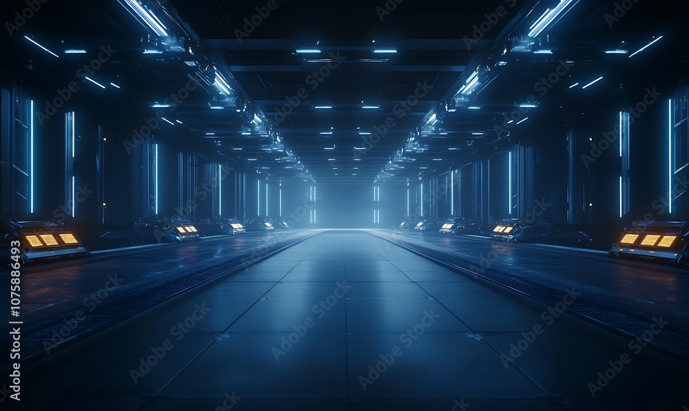 A futuristic corridor illuminated by blue lights, featuring sleek technology and a minimalistic design, creating a sci-fi atmosphere. A futuristic corridor illuminated by blue lights, featuring sleek technology and a minimalistic design, creating a sci-fi atmosphere.
