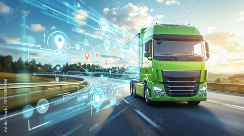 Innovative green truck with futuristic digital navigation on highway