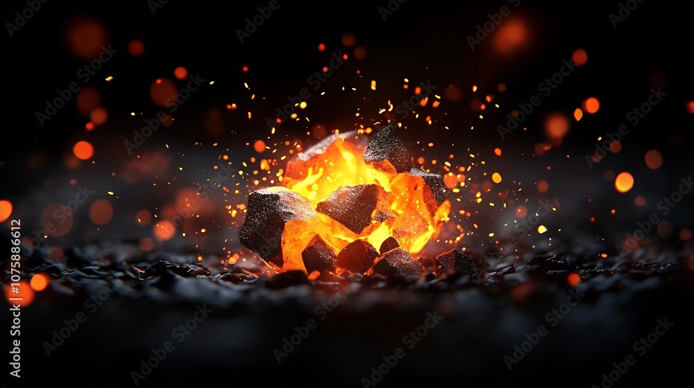 Dramatic Mid-Explosion Fiery Blast with Scattering Embers and Glowing Orange Flames Dramatic Mid-Explosion Fiery Blast with Scattering Embers and Glowing Orange Flames