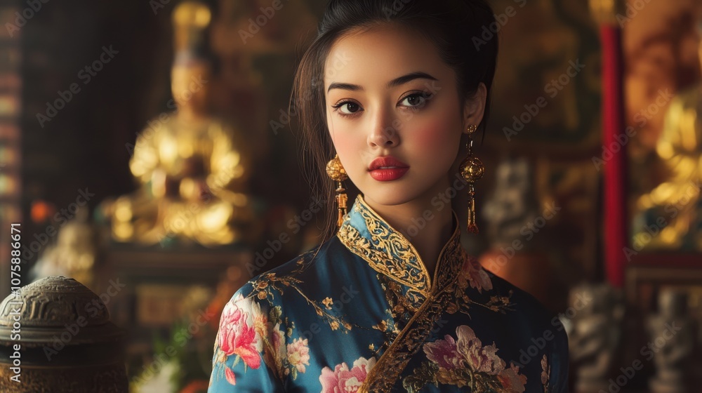 A young Asian woman in a traditional Chinese dress, standing proudly A young Asian woman in a traditional Chinese dress, standing proudly