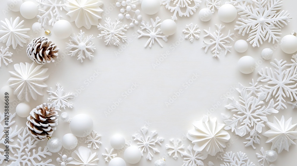 Elegant Christmas Frame with Snowflakes,Pine Cones,and Holiday Baubles Decor Elegant Christmas Frame with Snowflakes,Pine Cones,and Holiday Baubles Decor