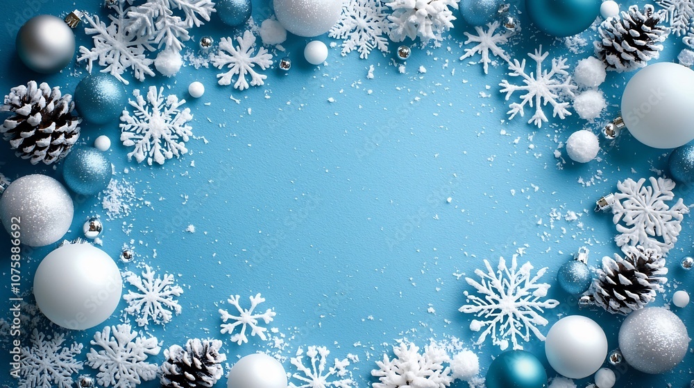 Elegant Christmas Frame with Sparkling Snowflakes,Pine Cones,and Holiday Ornaments Elegant Christmas Frame with Sparkling Snowflakes,Pine Cones,and Holiday Ornaments