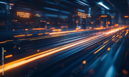 A dynamic, futuristic scene showcasing streaks of orange and blue light, symbolizing speed, technology, and digital movement in a vibrant environment.