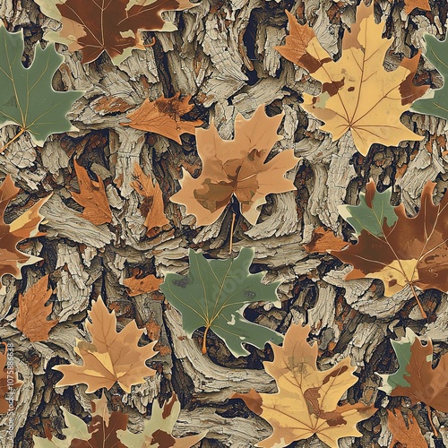 Maple Leaves Tree Bark Camouflage Seamless Pattern
