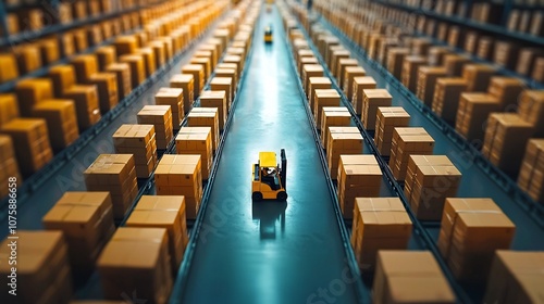 Efficient Warehouse Logistics with Organized Rows of Cargo Containers and Forklifts in Motion