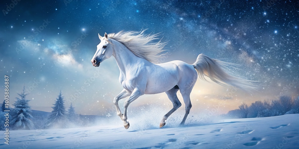 Fototapeta premium Majestic Long Exposure of a Beautiful Snow White Arabian Horse Galloping Through a Serene Winter Landscape Under a Starry Night Sky with Soft Snowfall Enhancing the Dreamy Atmosphere