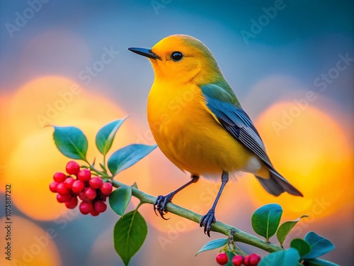 Male Prothonotary Warbler Silhouette Scanning for Insects Among Mistletoe in Raleigh, North Carolina at Dusk photo