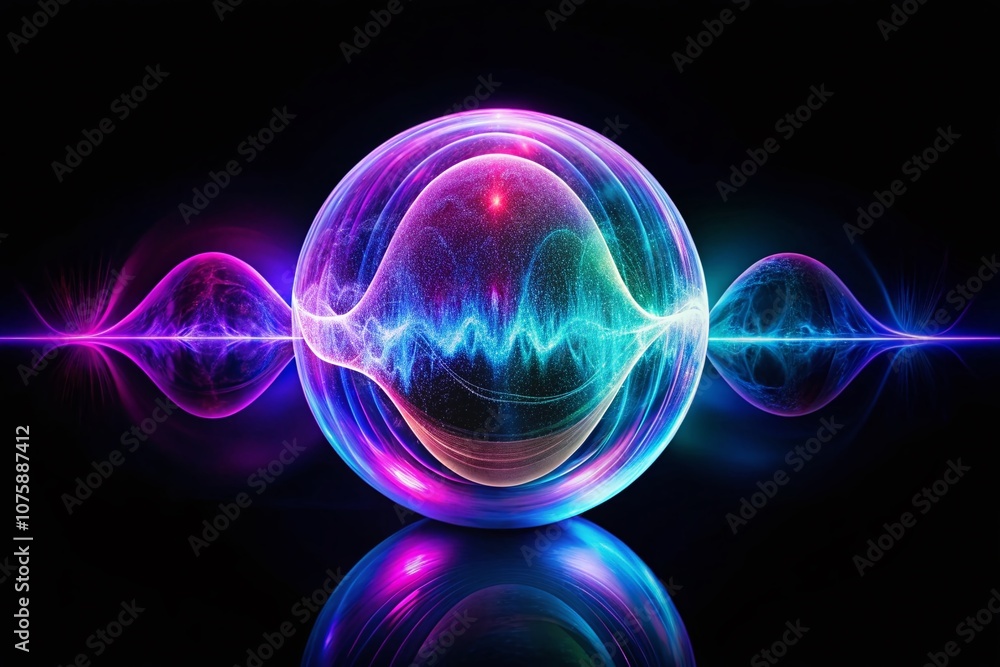 Mesmerizing Orb Emitting Vibrant Sound Waves in Purple and Blue on a Deep Black Background for Captivating Visuals Mesmerizing Orb Emitting Vibrant Sound Waves in Purple and Blue on a Deep Black Background for Captivating Visuals