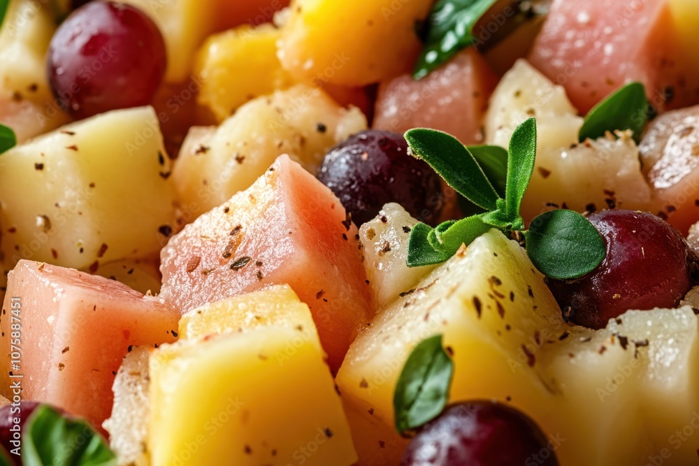 Close-up of colorful fruit salad with diced grapes, melon, and pineapple. Close-up of colorful fruit salad with diced grapes, melon, and pineapple.