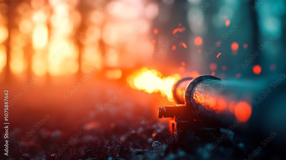 Fototapeta premium Glowing Cannon Primed for Explosive Action in Twilight Landscape