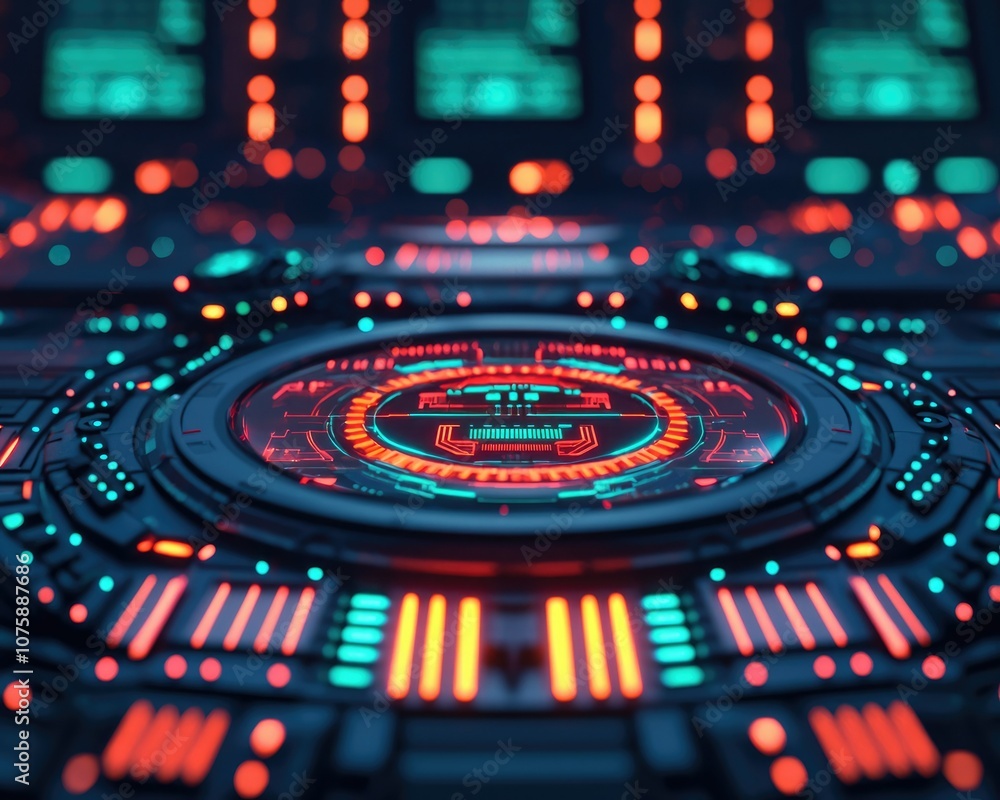 A vibrant, futuristic interface featuring glowing circular patterns and colorful data displays in a technological setting. A vibrant, futuristic interface featuring glowing circular patterns and colorful data displays in a technological setting.