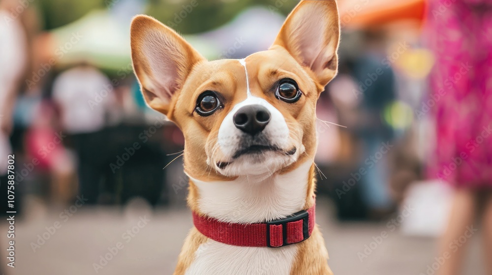 A cheerful dog with a distinct collar poses in a lively outdoor market, surrounded by colorful tents and a bustling crowd.