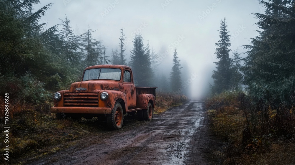 An abandoned truck, rusted and worn, parked on a foggy dirt road, An abandoned truck, rusted and worn, parked on a foggy dirt road,