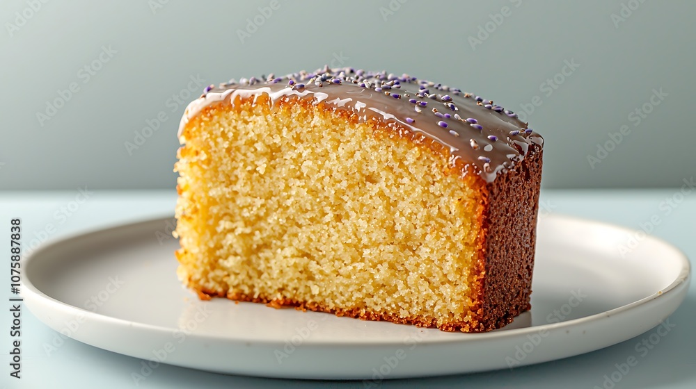 Delicious Lavender Cake with Glazing on White Plate Delicious Lavender Cake with Glazing on White Plate