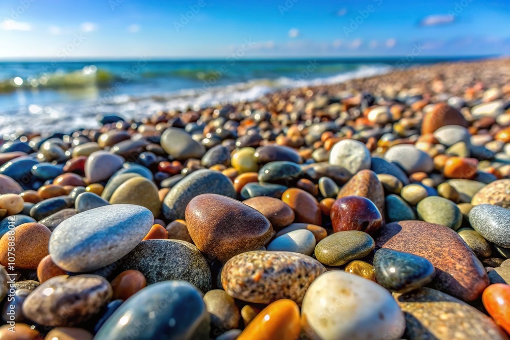 Close-up of beach pebbles in different shapes and sizes on a rocky shoreline, ocean rocks, wave-worn stones, rock formations Close-up of beach pebbles in different shapes and sizes on a rocky shoreline, ocean rocks, wave-worn stones, rock formations
