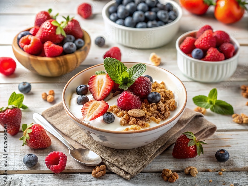 Minimalist Healthy Breakfast Yogurt Bowls with Granola and Fresh Berries on a White Table, Featuring Smooth Textures and Natural Colors for a Fresh Start to Your Day Minimalist Healthy Breakfast Yogurt Bowls with Granola and Fresh Berries on a White Table, Featuring Smooth Textures and Natural Colors for a Fresh Start to Your Day