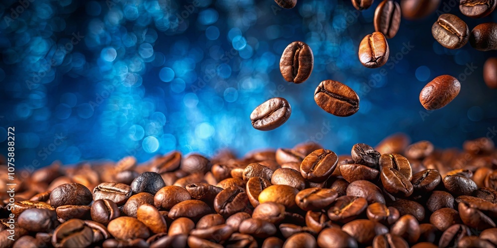 Obraz premium A Cascade of Roasted Coffee Beans Falling on a Pile Against a Blue Bokeh Background