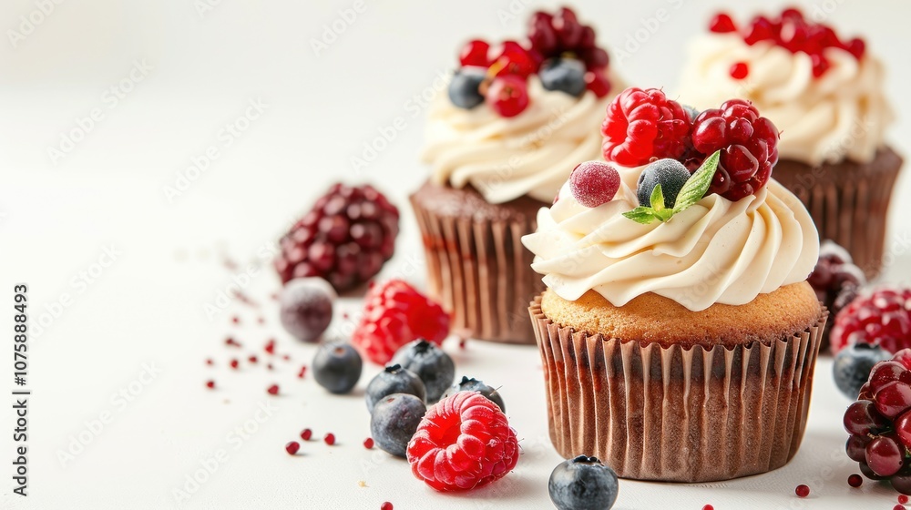 Delicious Assorted Cupcakes with Fresh Berries, AI generated image Delicious Assorted Cupcakes with Fresh Berries, AI generated image