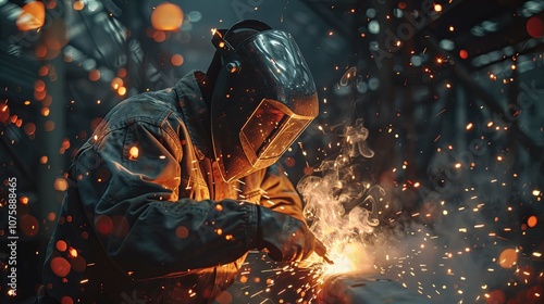 A Welder Working with Sparks and Smoke in a Dark Industrial Setting