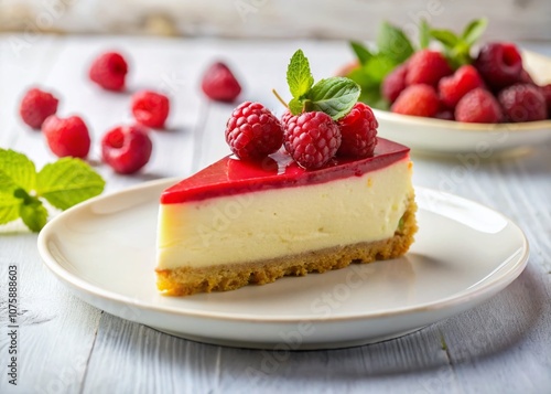 Minimalist Raspberry Cheesecake with Fresh Berries on a Simple White Plate Surrounded by Soft Natural Light for Elegant Culinary Photography