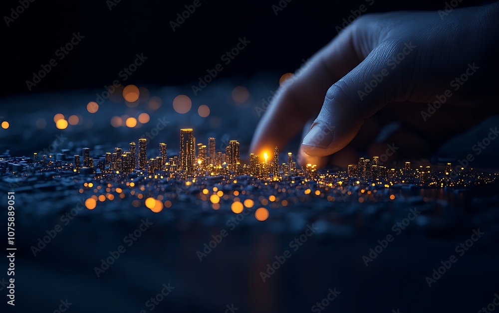 A hand delicately touches a glowing, miniature cityscape, highlighting the shimmering lights and intricate details in a dark setting. A hand delicately touches a glowing, miniature cityscape, highlighting the shimmering lights and intricate details in a dark setting.