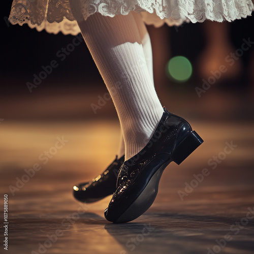 Close-up of Irish dance legs in black dance shoes and white socks, precise footwork, detailed costume visible from the knees down, warm stage lighting, traditional and rhythmic focus photo