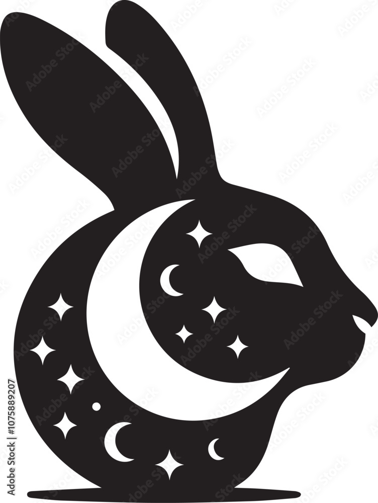 Moonlit rabbit head silhouette with crescent shapes inside Moonlit rabbit head silhouette with crescent shapes inside